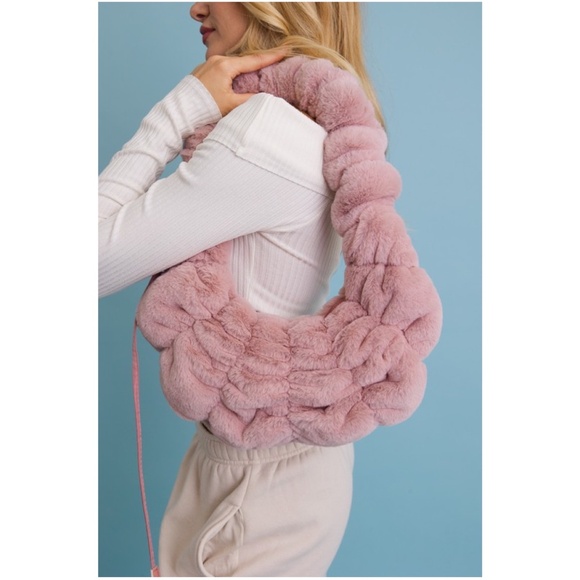 BellanBlue Handbags - Blush Pink Plush Fuzzy Zip up Shoulder Tote Bag